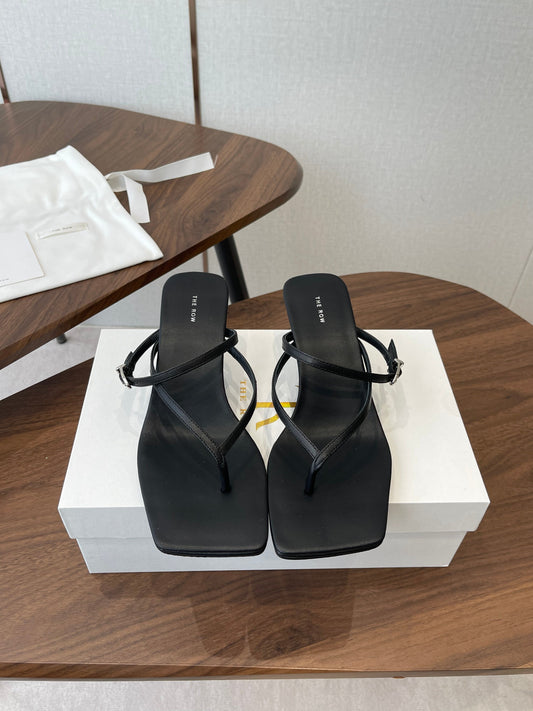 THE ROW 26S SQUARE TOE THONG HEELS IN BLACK CALFSKIN