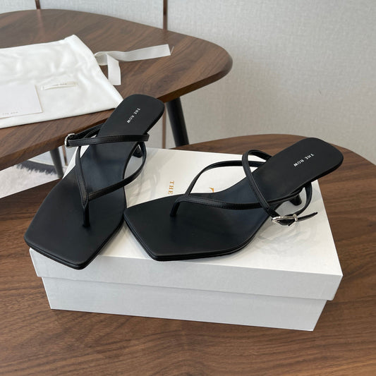 БОСОНІЖКИ THE ROW 26S SQUARE TOE THONG HEELS З ЧОРНОЇ ТЕЛЯЧОЇ ШКІРИ