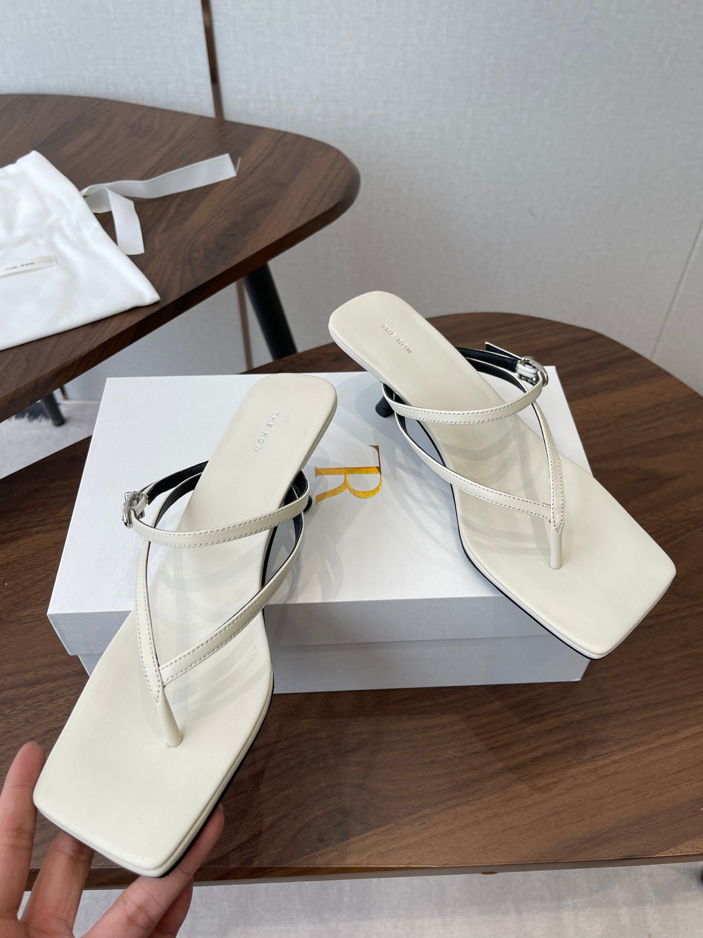 THE ROW 26S SQUARE TOE THONG HEELS IN IVORY WHITE CALFSKIN
