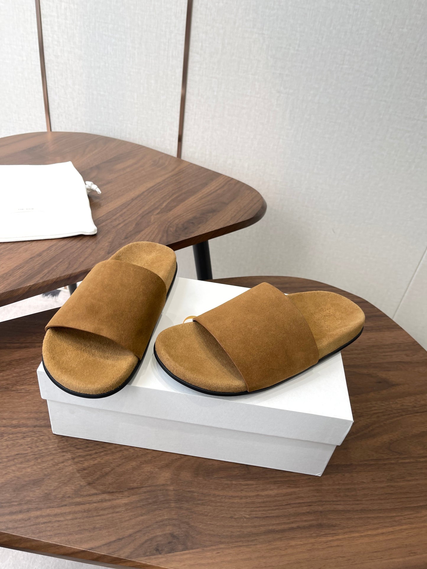 THE ROW 26S SLIDE SANDALS IN GOLD BROWN SUEDE