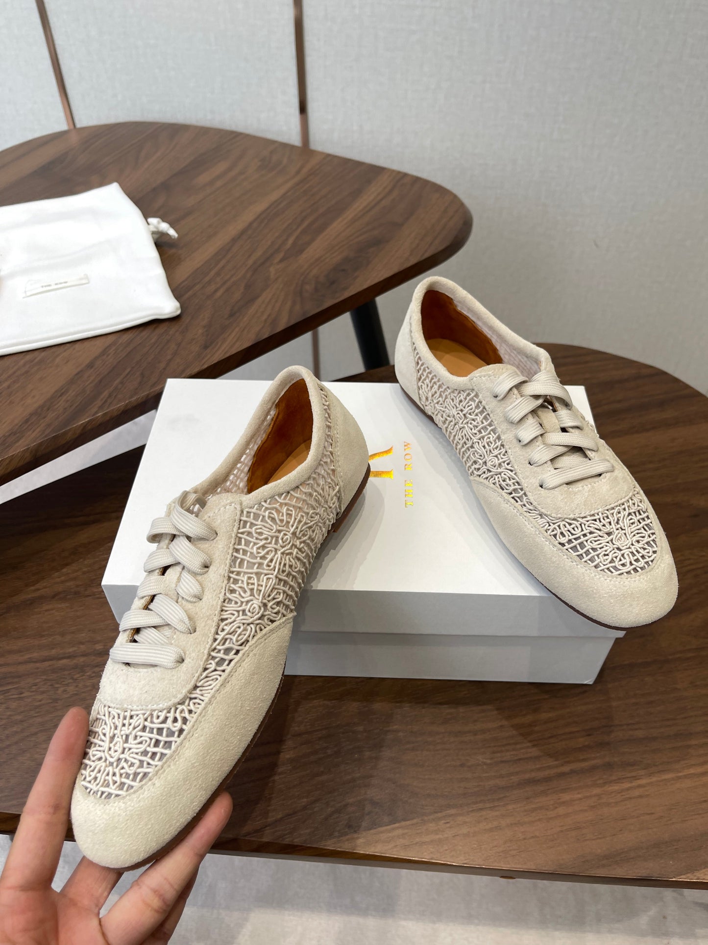 THE ROW 26S LACE UP SNEAKERS IN IVORY BEIGE SUEDE