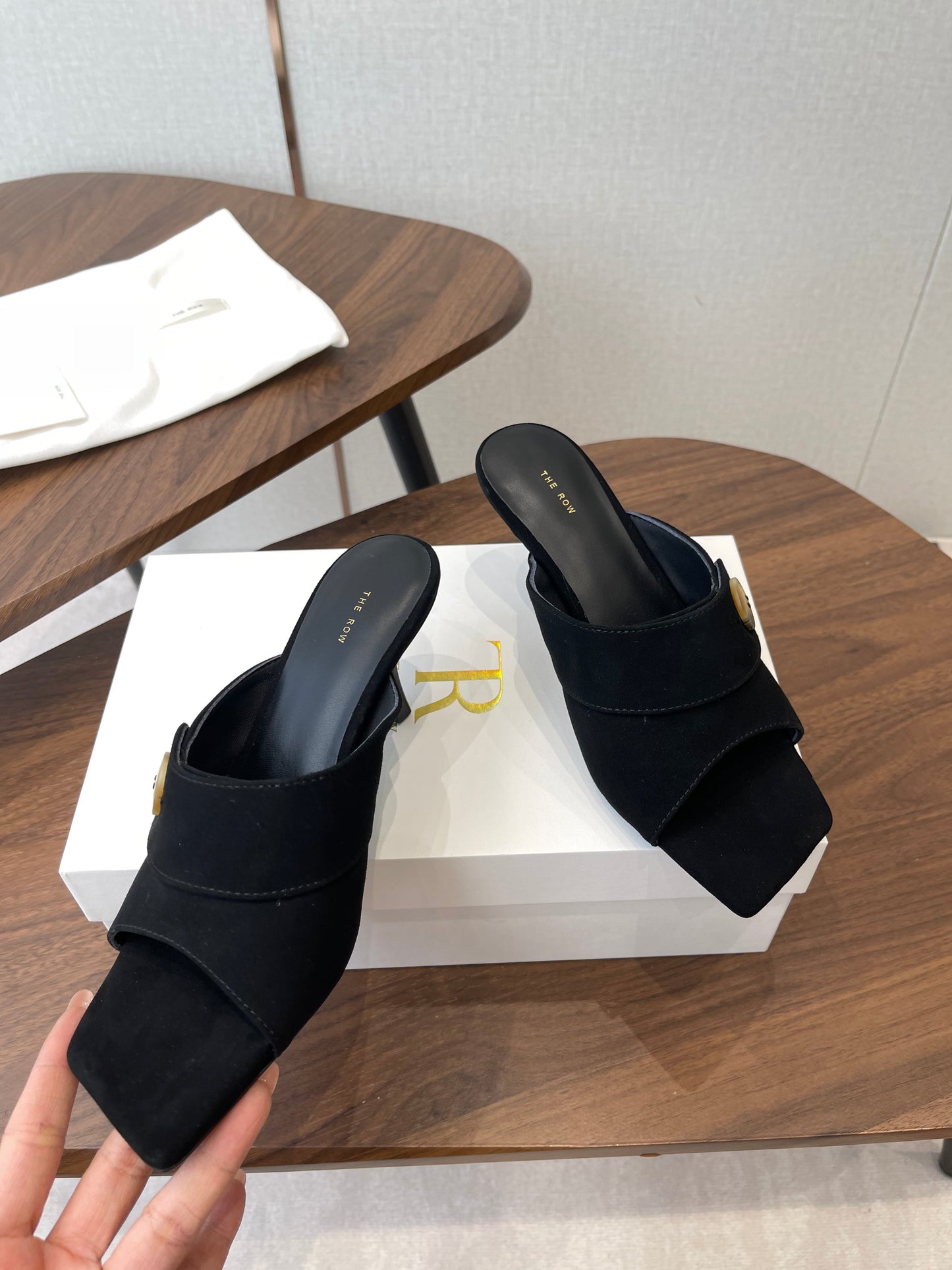 THE ROW 26S BUTTON DETAIL MULE HEELS 70MM IN BLACK SUEDE