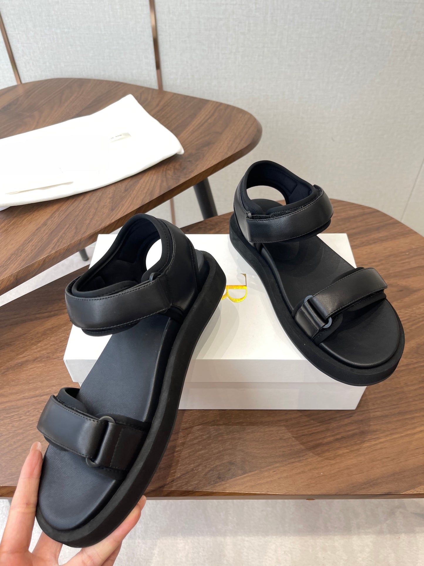 THE ROW 26S DOUBLE STRAP SANDALS IN BLACK CALFSKIN