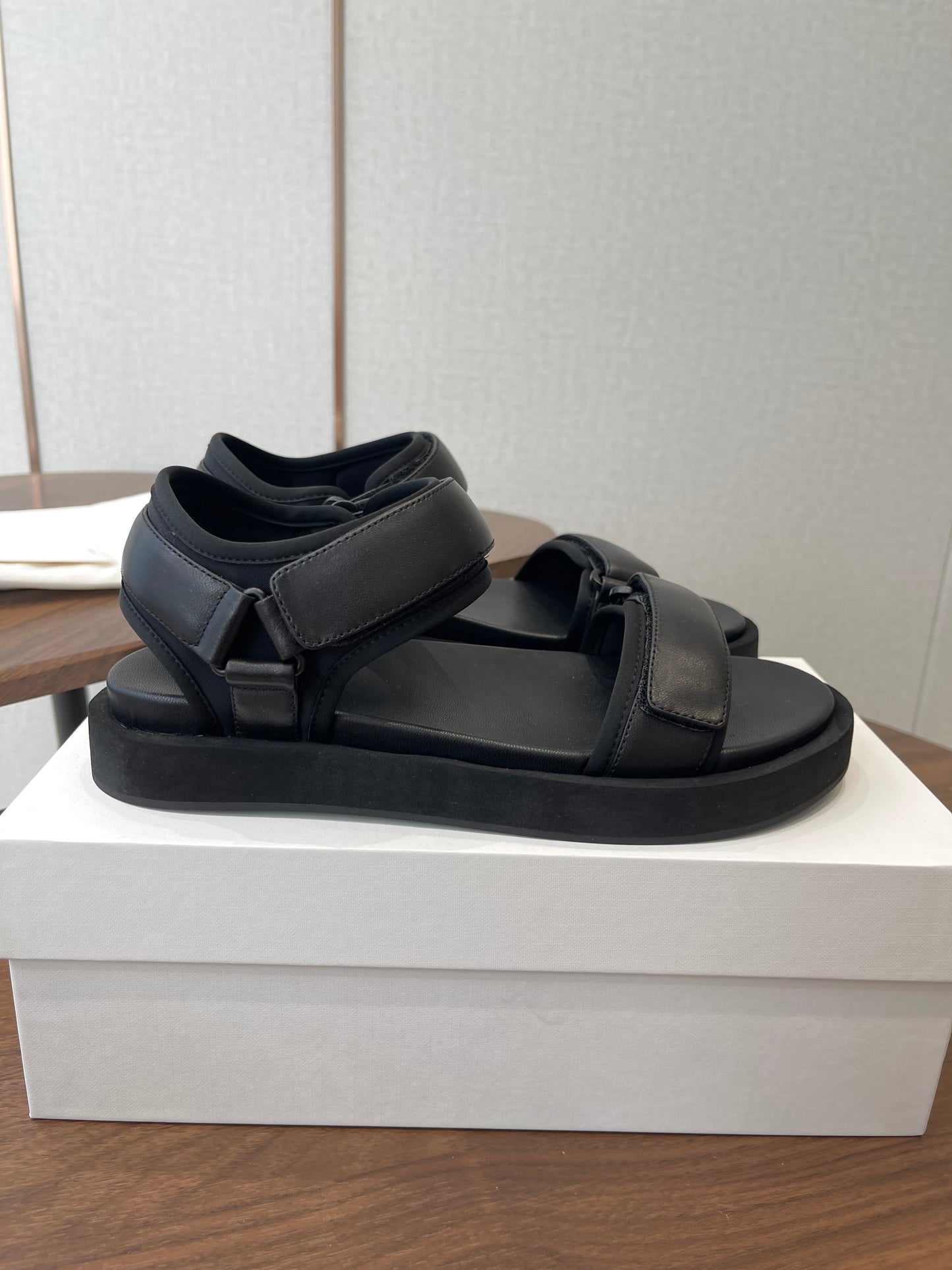 THE ROW 26S DOUBLE STRAP SANDALS IN BLACK CALFSKIN