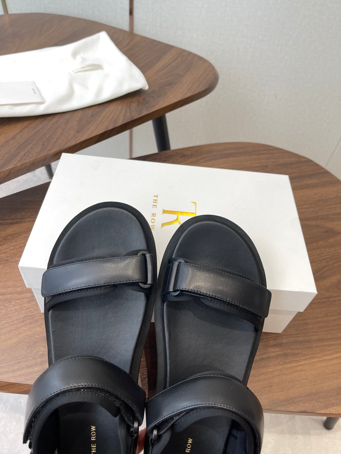 THE ROW 26S DOUBLE STRAP SANDALS IN BLACK CALFSKIN