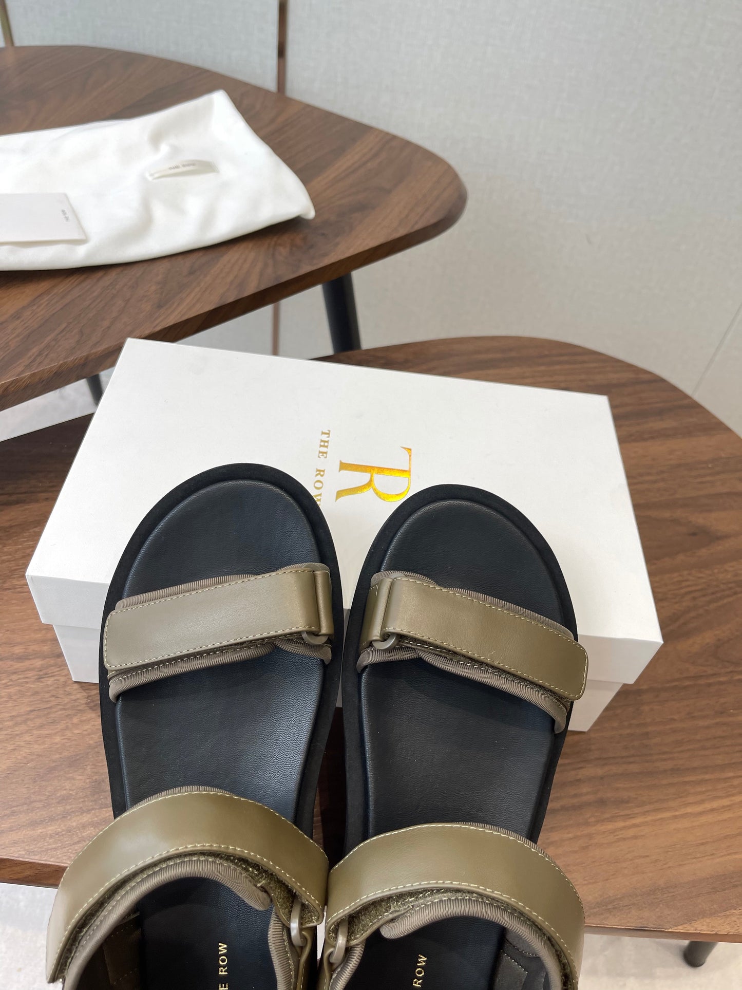 THE ROW 26S DOUBLE STRAP SANDALS IN OLIVE GREEN CALFSKIN