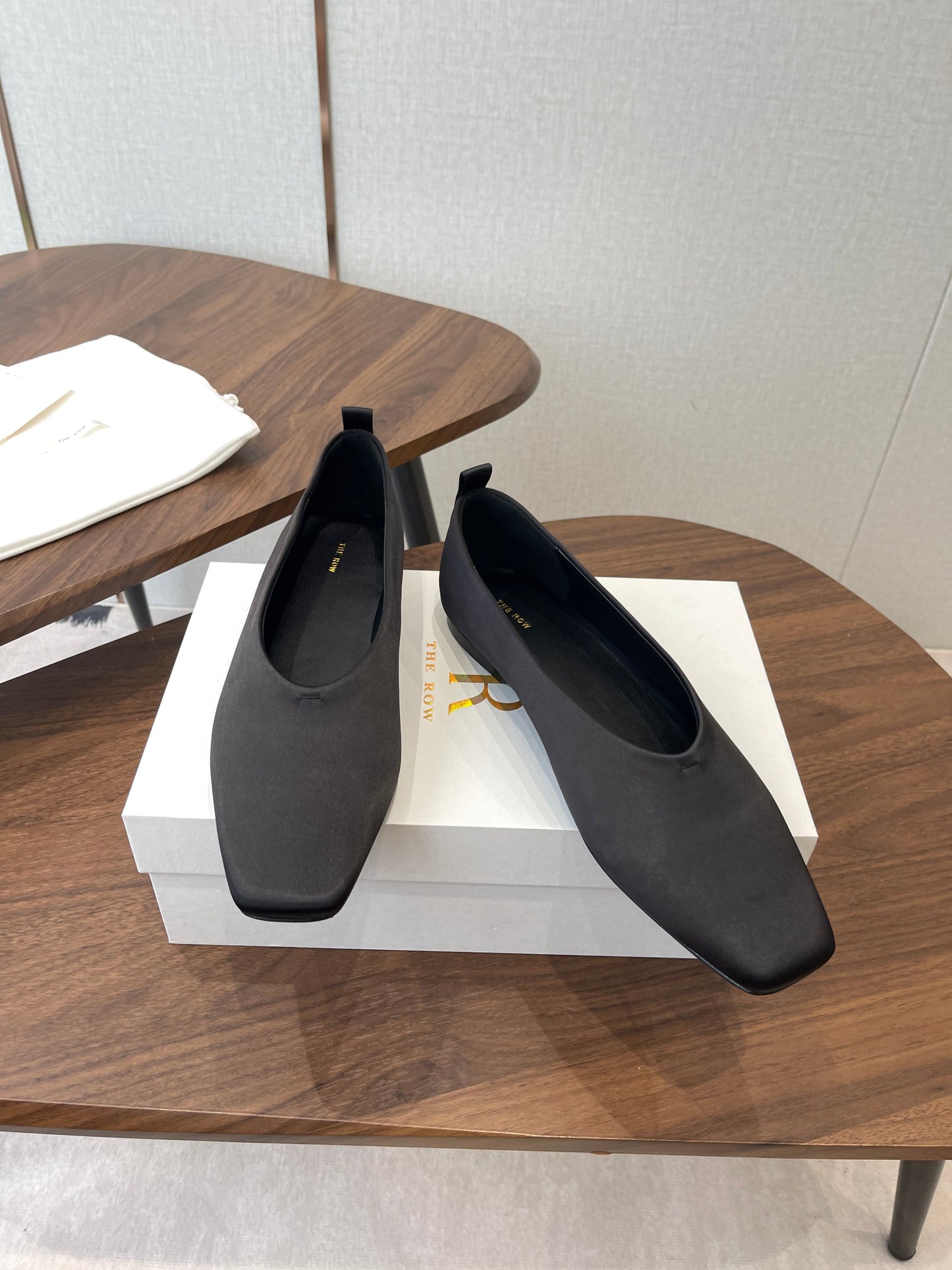 THE ROW 26S SQUARE TOE BALLET FLATS IN BLACK SATIN