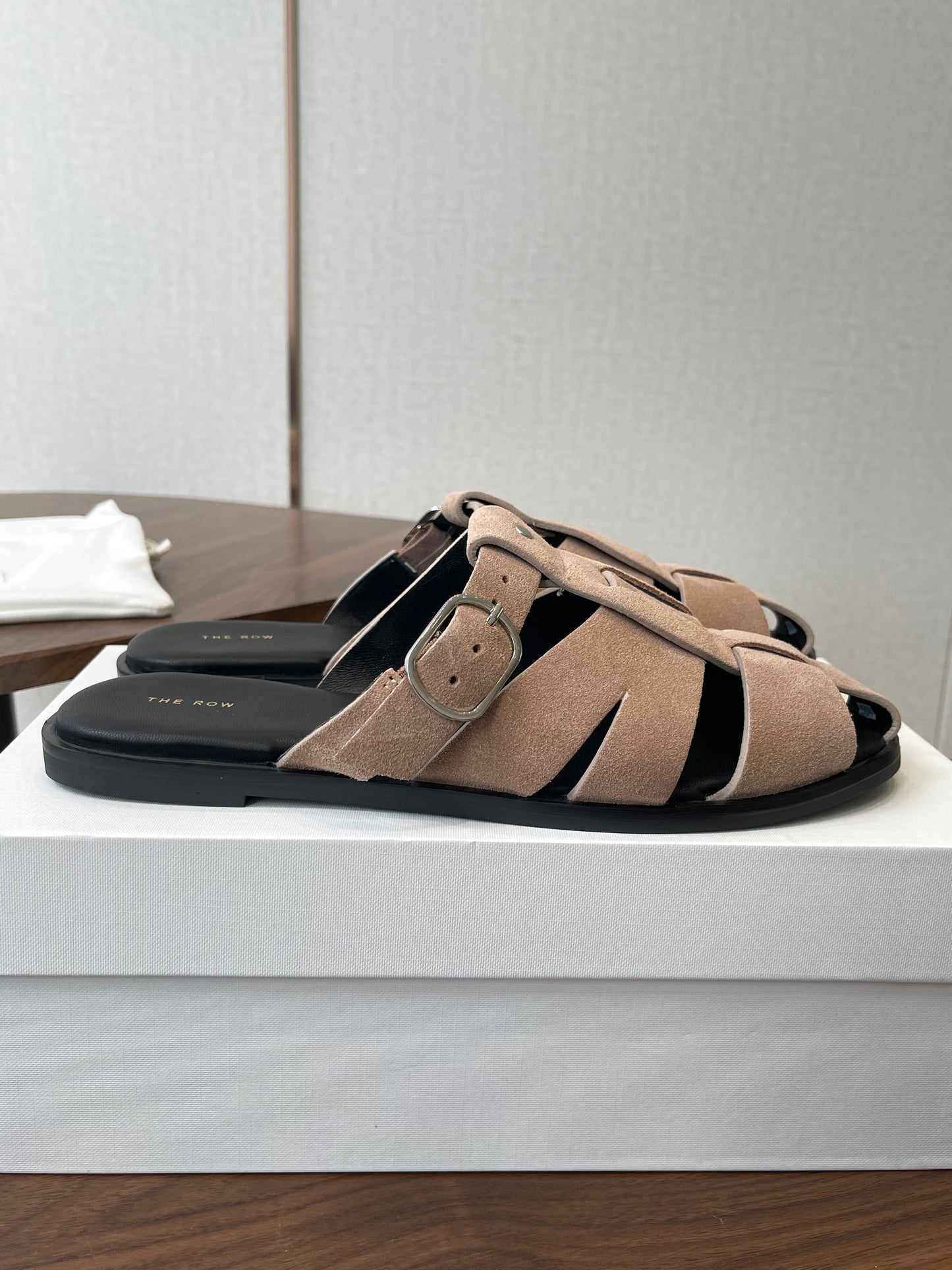 THE ROW 26S GLADIATOR SLIDE SANDALS IN TAUPE BEIGE SUEDE