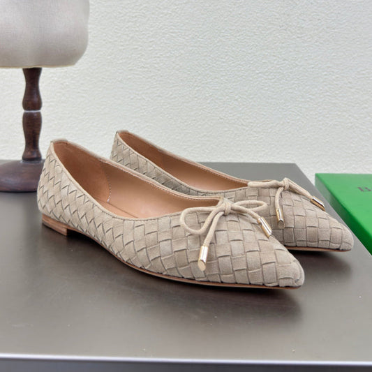 BALLET FLAT IN LIGHT BROWN INTRECCIATO SUEDE WITH BOW - 35
