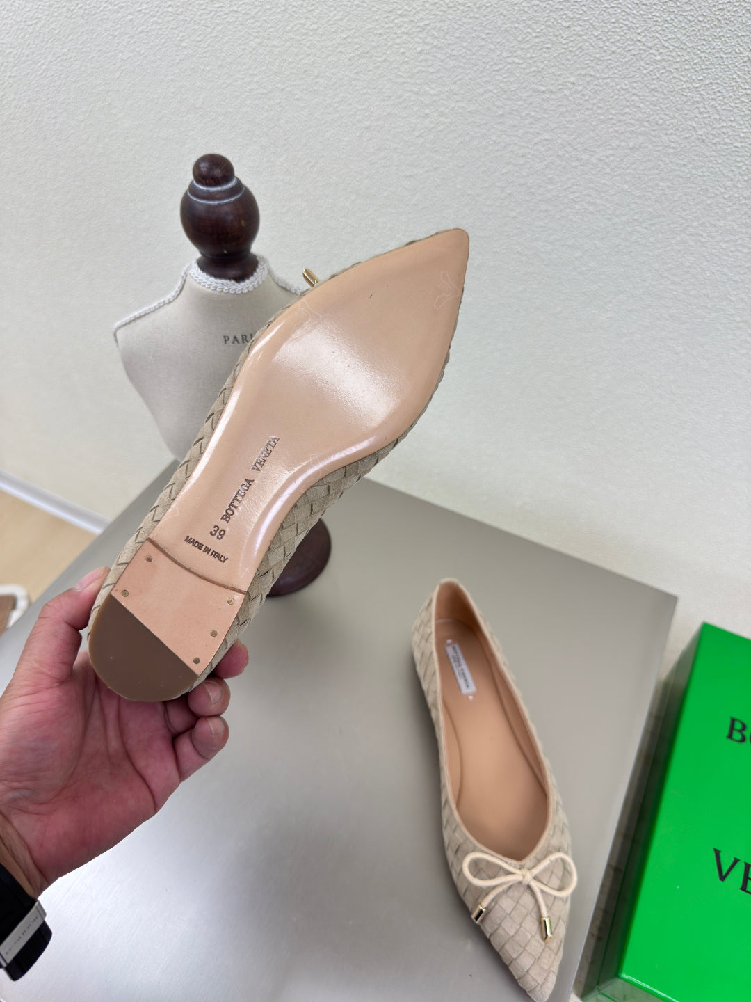 BALLET FLAT IN LIGHT BROWN INTRECCIATO SUEDE WITH BOW - 35