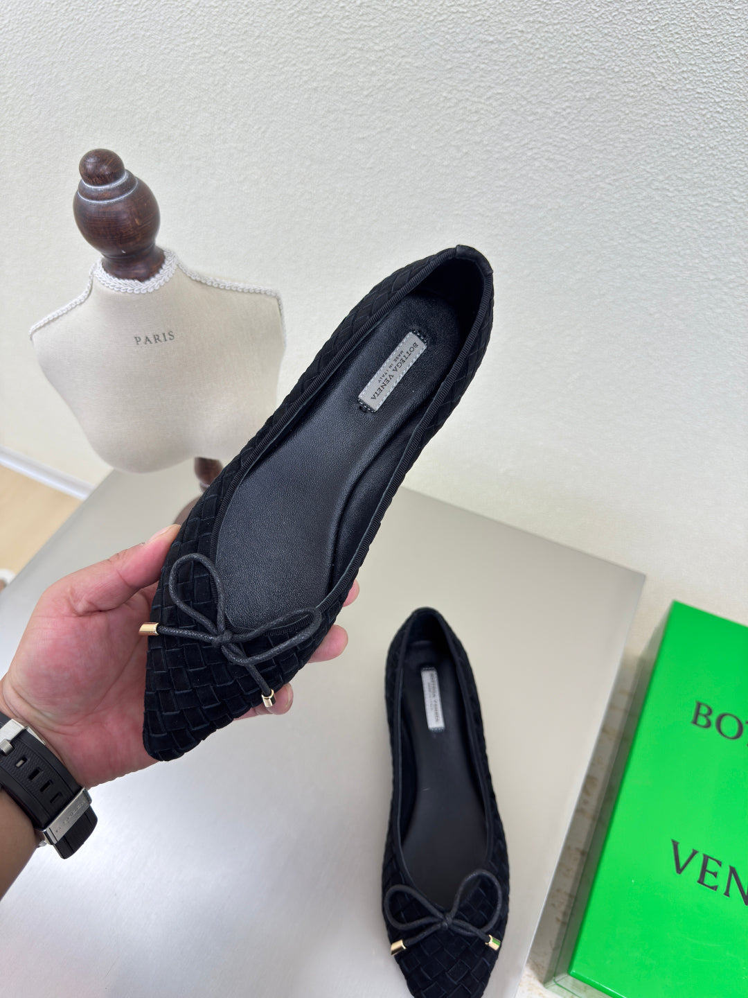 BALLET FLAT IN BLACK INTRECCIATO SUEDE WITH BOW - 35