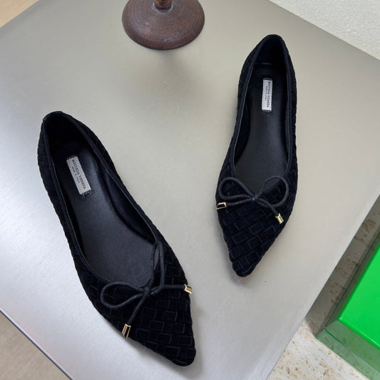 BALLET FLAT IN BLACK INTRECCIATO SUEDE WITH BOW - 35