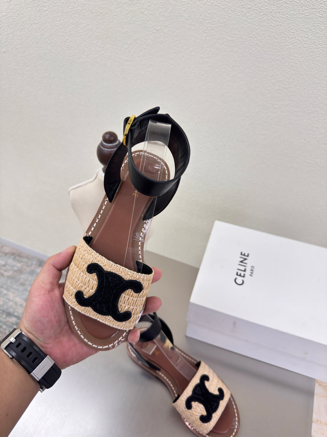 CELINE 25S TRIOMPHE SANDALS BEIGE RAFFIA BLACK WOOL - 35