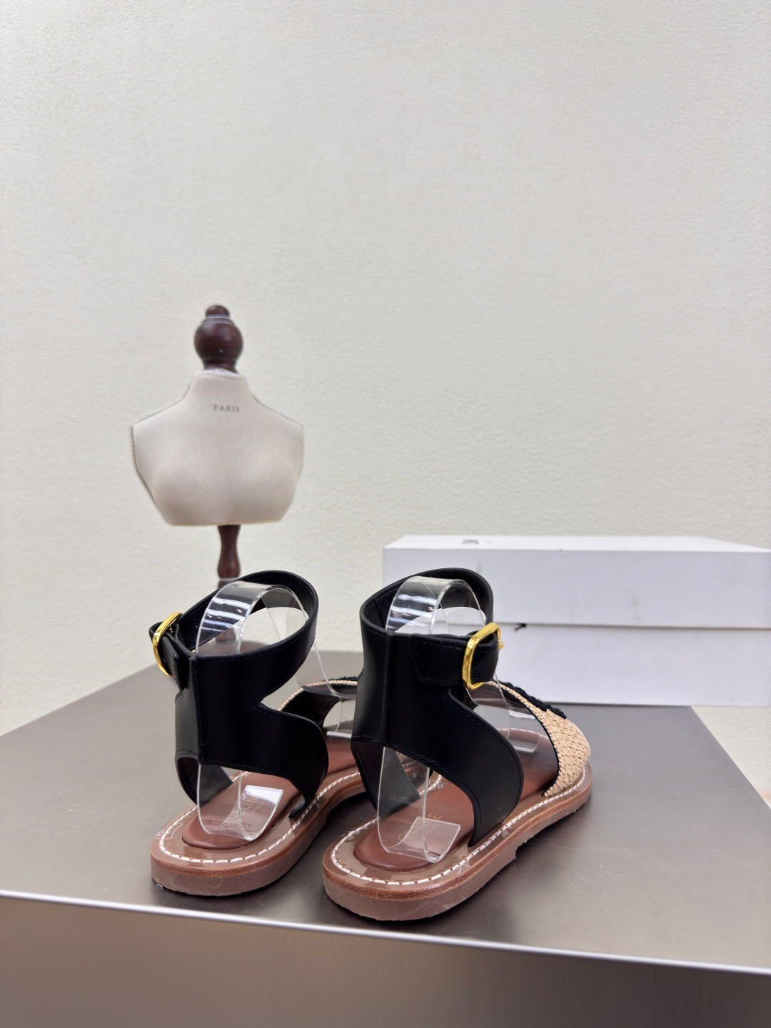 CELINE 25S TRIOMPHE SANDALS BEIGE RAFFIA BLACK WOOL - 35