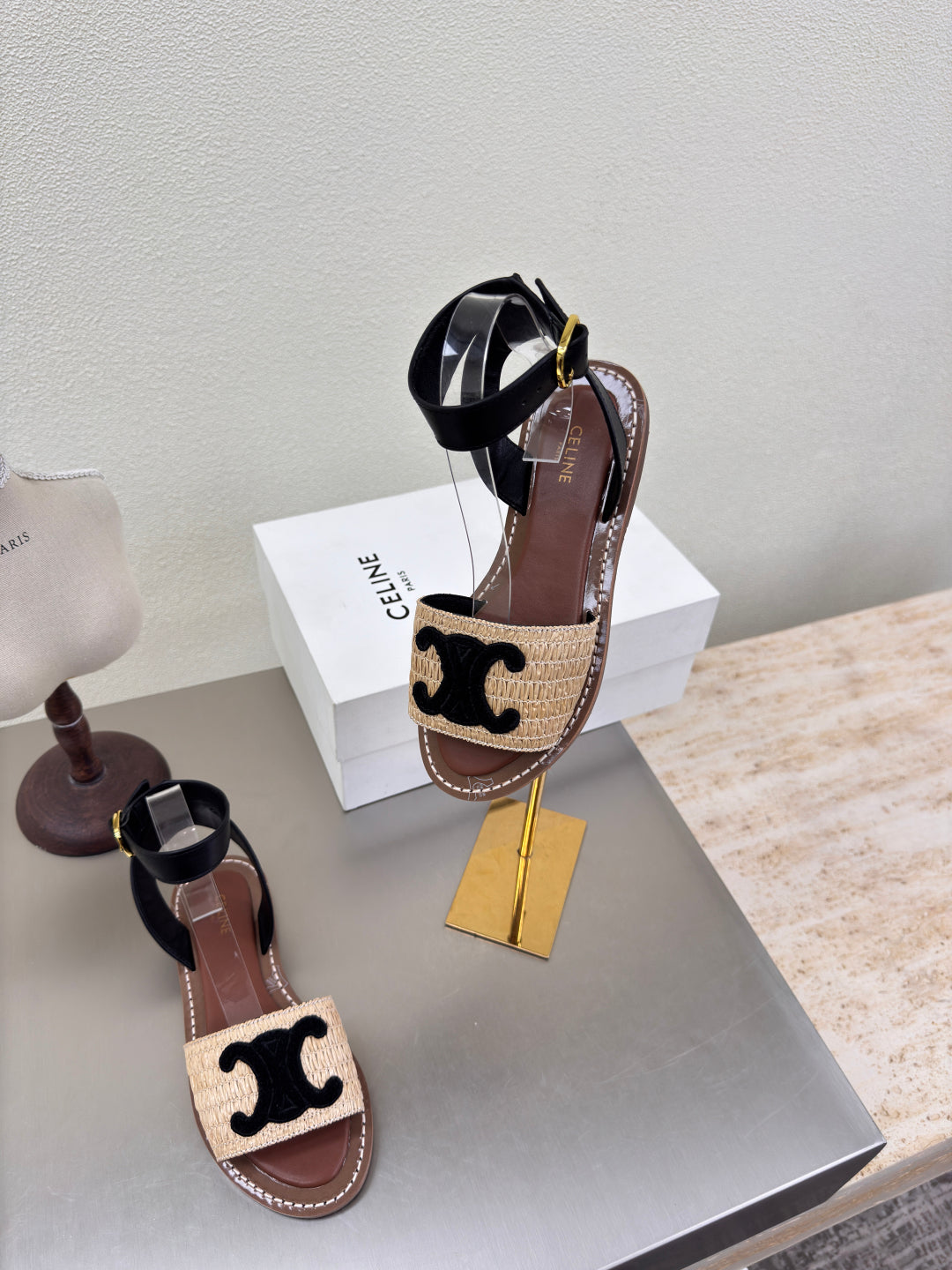 CELINE 25S TRIOMPHE SANDALS BEIGE RAFFIA BLACK WOOL - 35