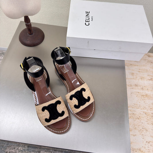 CELINE 25S TRIOMPHE SANDALS BEIGE RAFFIA BLACK WOOL - 35