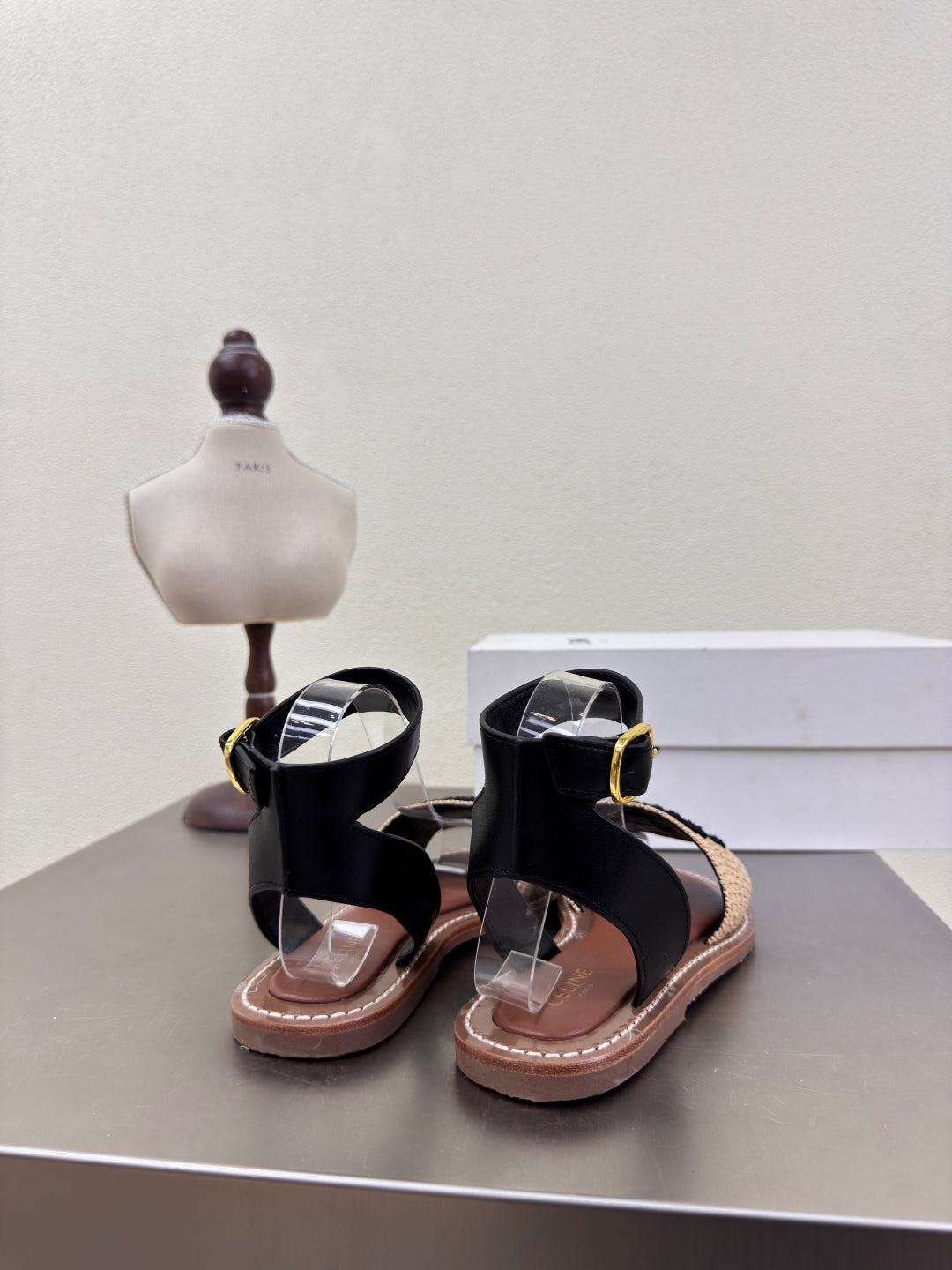 CELINE 25S TRIOMPHE SANDALS BEIGE RAFFIA BLACK WOOL - 35