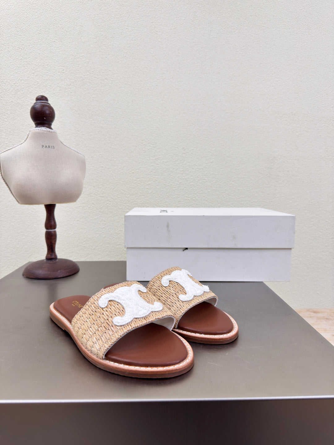 CELINE 25S LYMPIA MULE BEIGE RAFFIA WHITE WOOL LOGO - 35