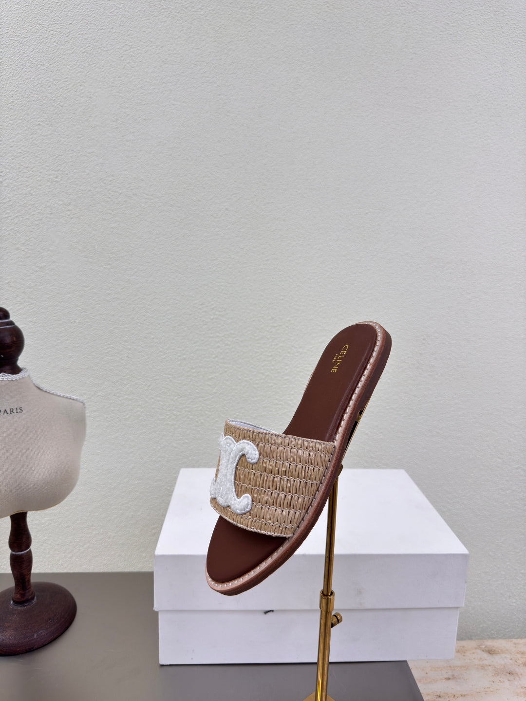 CELINE 25S LYMPIA MULE BEIGE RAFFIA WHITE WOOL LOGO - 35