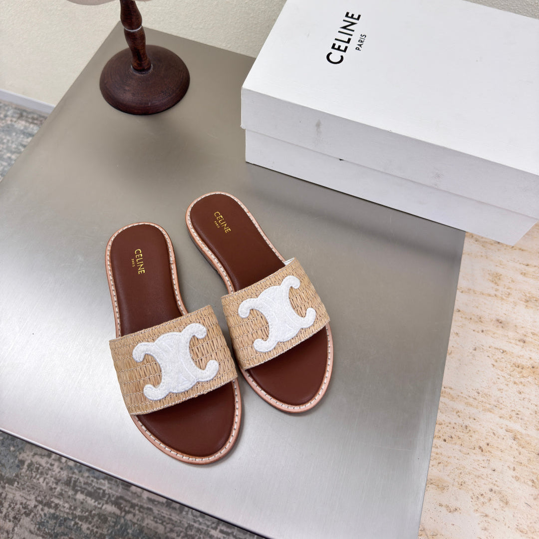 CELINE 25S LYMPIA MULE BEIGE RAFFIA WHITE WOOL LOGO - 35