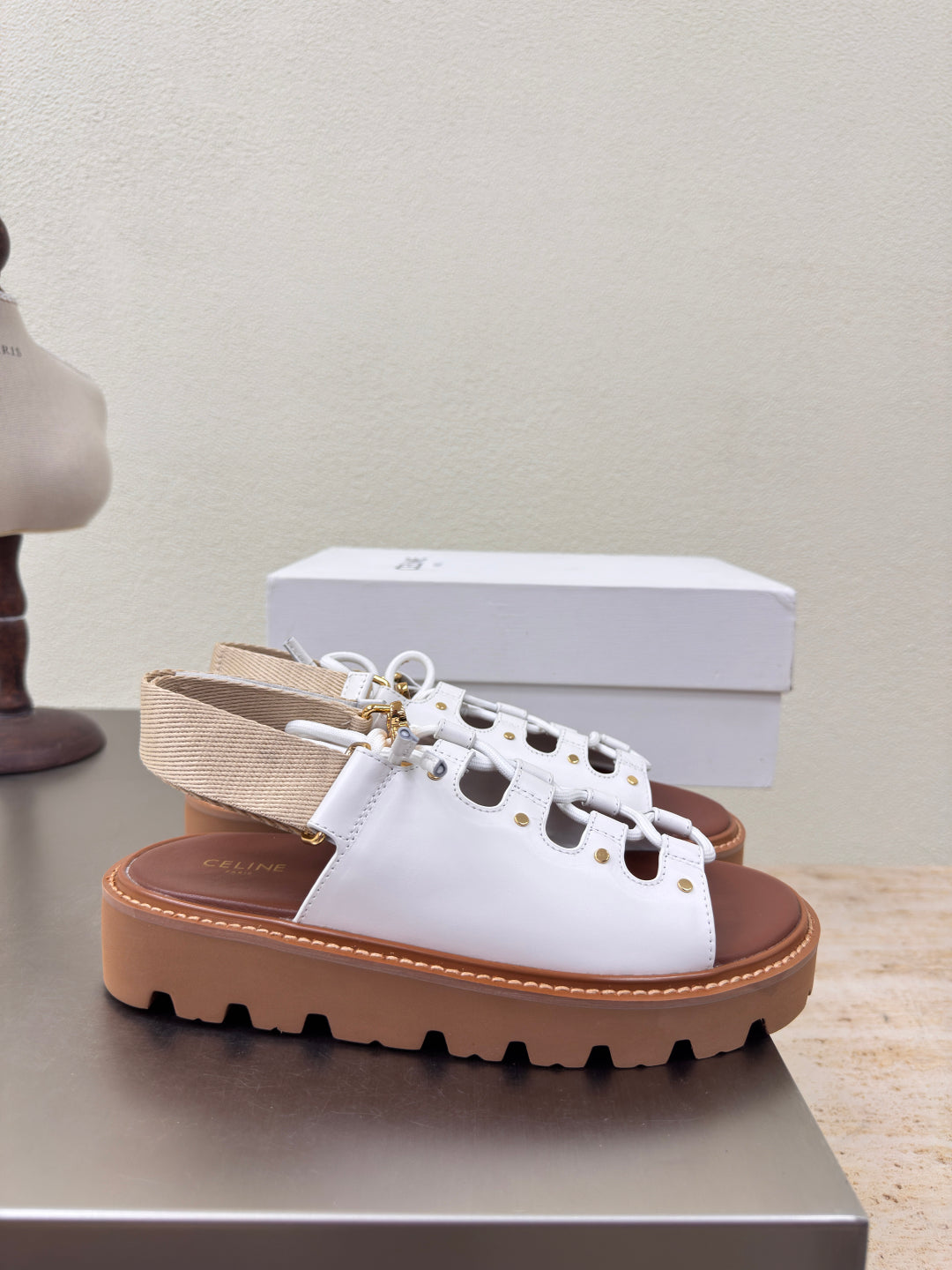 CELINE 25S BILLIE CHUNKY SANDAL IN WHITE CALFSKIN AND TEXTILE - 35