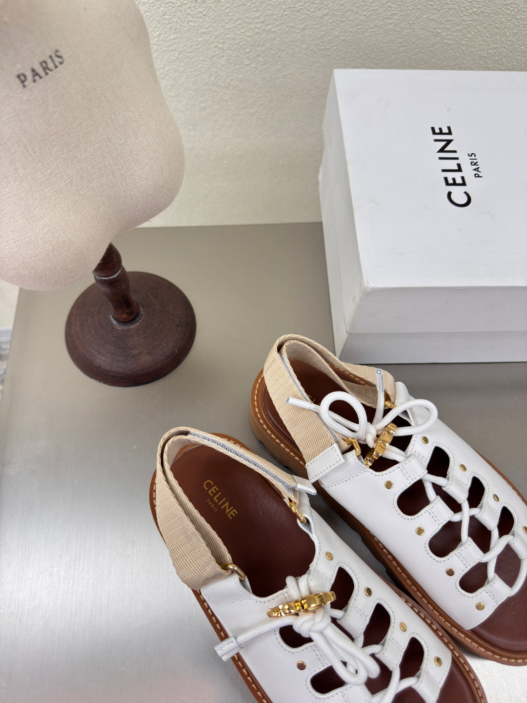 CELINE 25S BILLIE CHUNKY SANDAL IN WHITE CALFSKIN AND TEXTILE - 35
