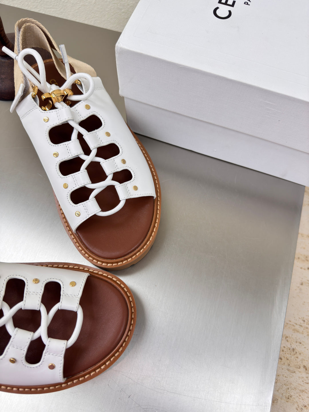 CELINE 25S BILLIE CHUNKY SANDAL IN WHITE CALFSKIN AND TEXTILE - 35