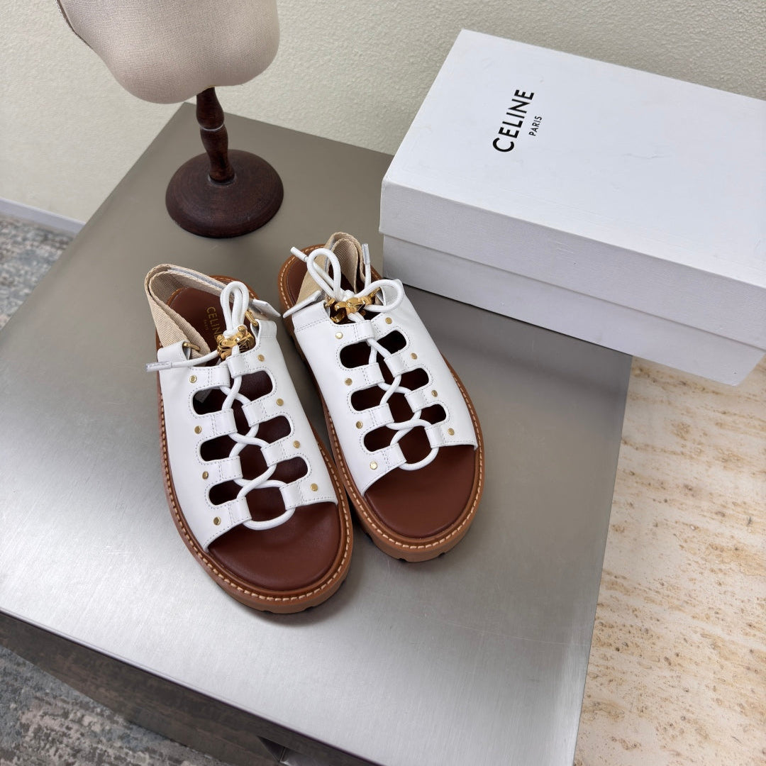 CELINE 25S BILLIE CHUNKY SANDAL IN WHITE CALFSKIN AND TEXTILE - 35