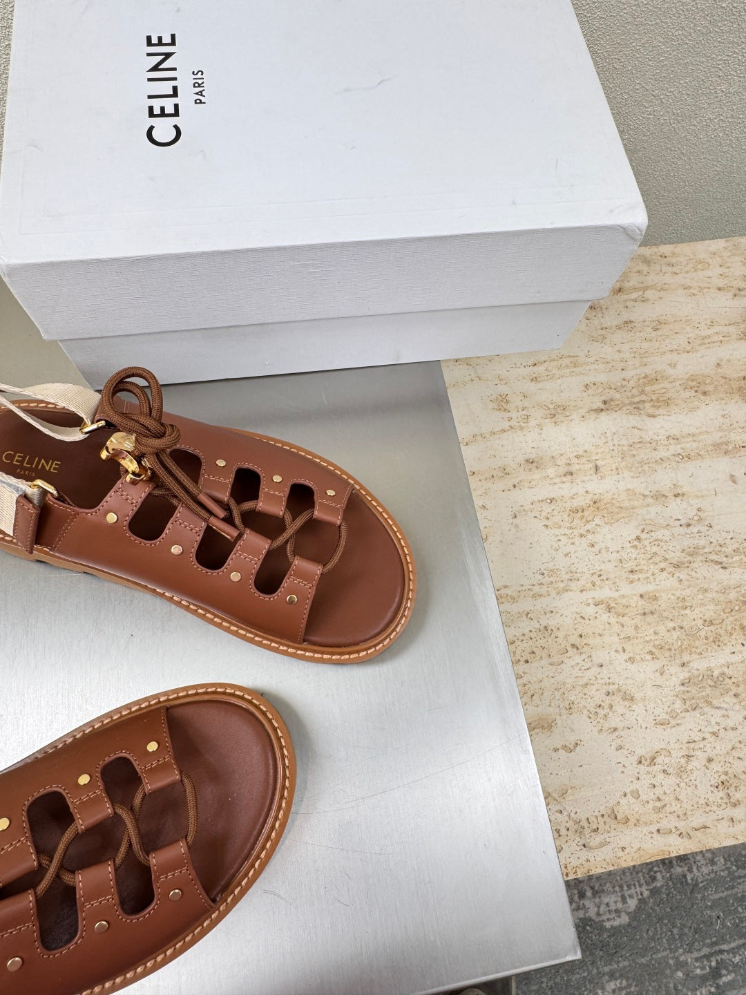 CELINE 25S BILLIE CHUNKY SANDAL IN BROWN CALFSKIN AND TEXTILE - 35