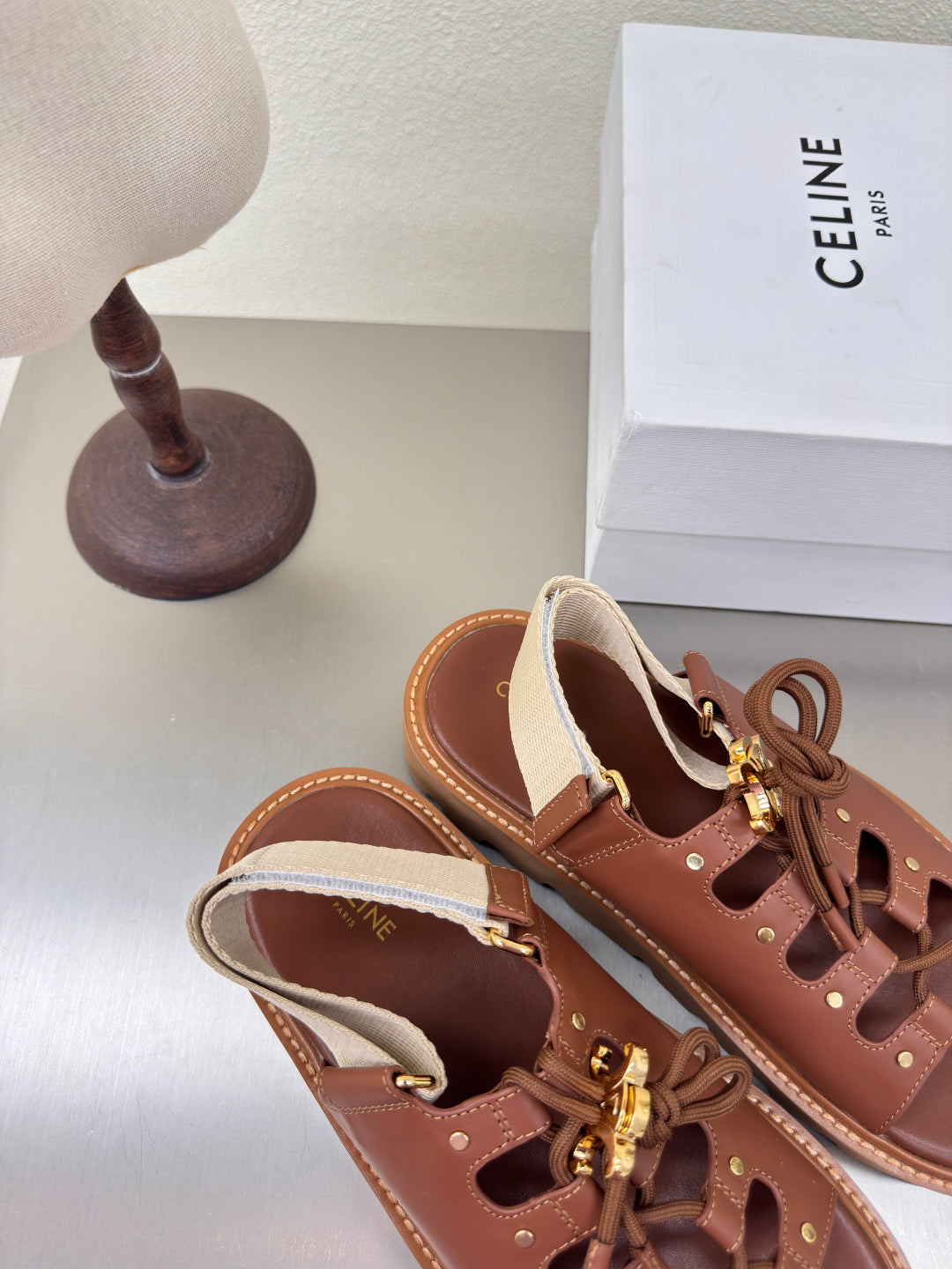 CELINE 25S BILLIE CHUNKY SANDAL IN BROWN CALFSKIN AND TEXTILE - 35