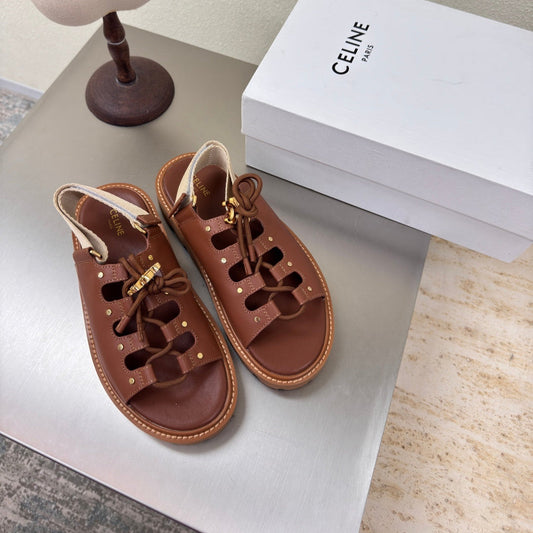 CELINE 25S BILLIE CHUNKY SANDAL IN BROWN CALFSKIN AND TEXTILE - 35