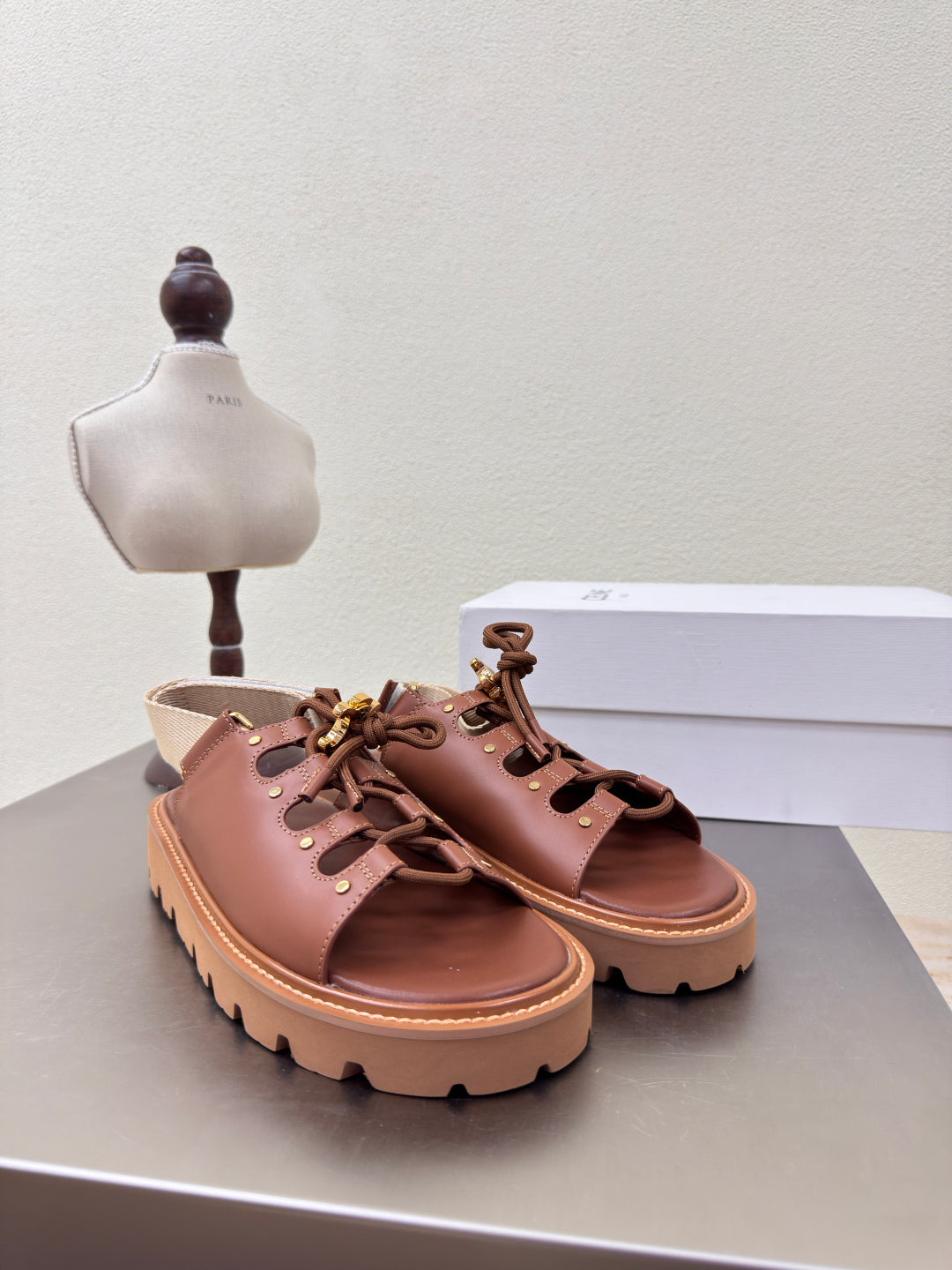 CELINE 25S BILLIE CHUNKY SANDAL IN BROWN CALFSKIN AND TEXTILE - 35