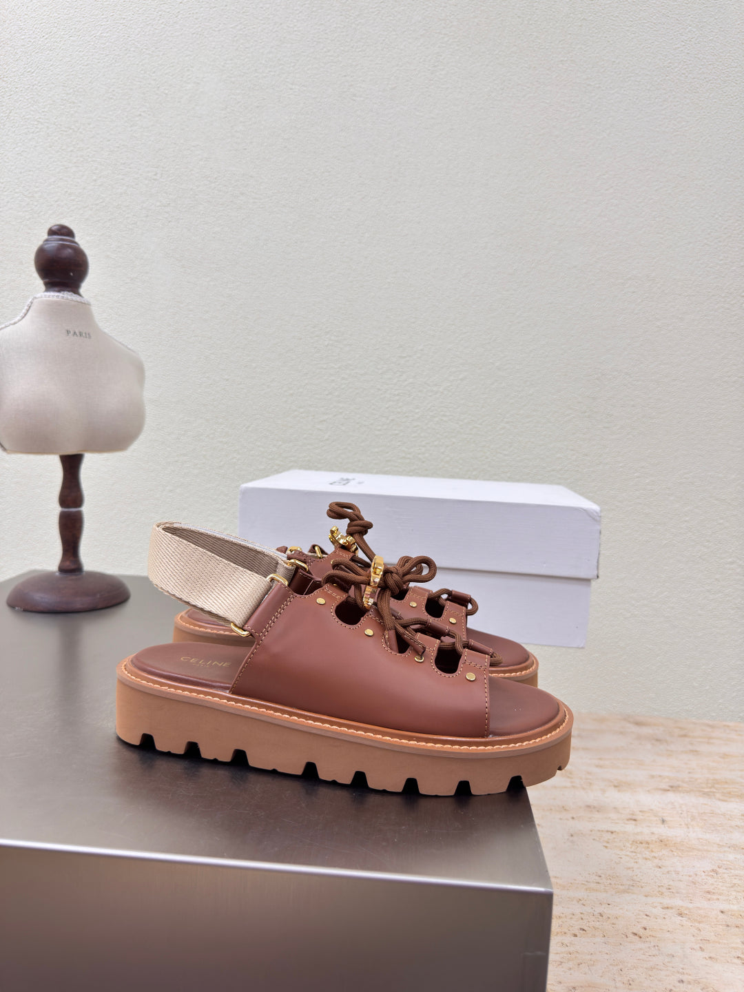 CELINE 25S BILLIE CHUNKY SANDAL IN BROWN CALFSKIN AND TEXTILE - 35