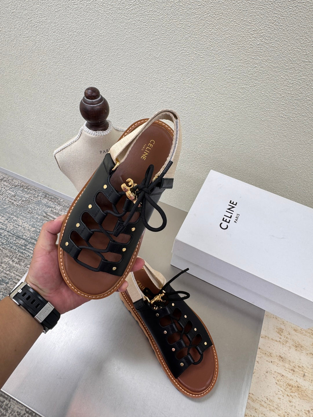 CELINE 25S BILLIE CHUNKY SANDAL IN BLACK CALFSKIN AND TEXTILE - 35