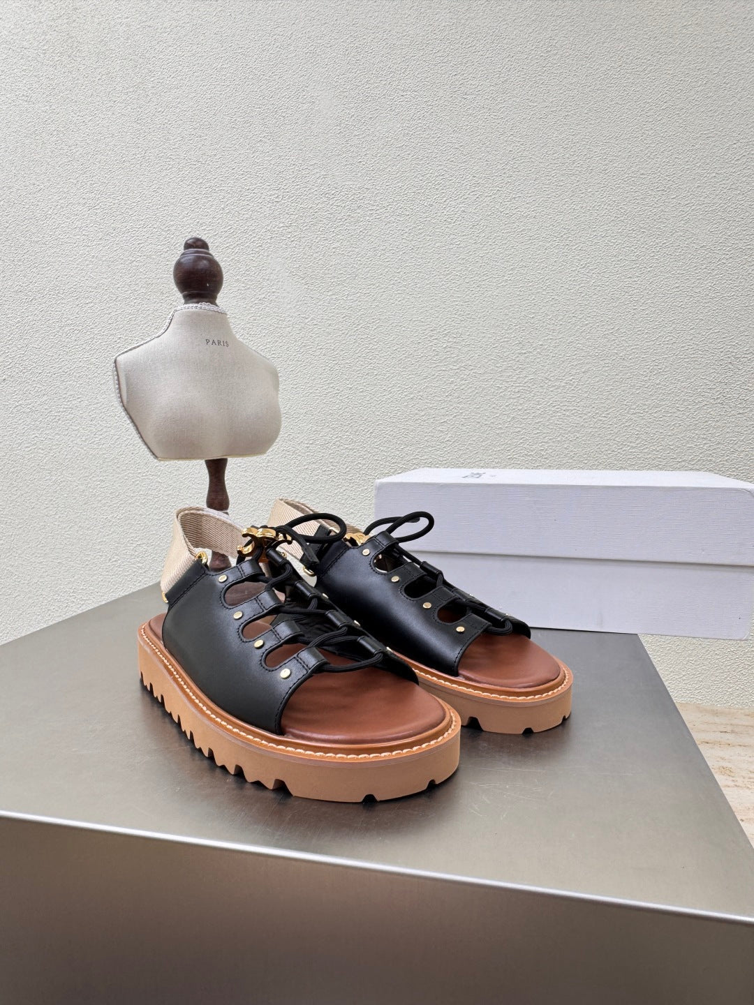 CELINE 25S BILLIE CHUNKY SANDAL IN BLACK CALFSKIN AND TEXTILE - 35