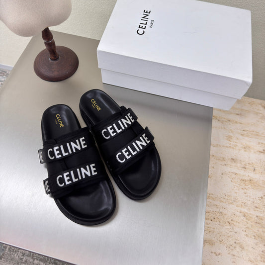 CELINE 25S FLAT SANDALS ARC DE TRIOMPHE IN BLACK CALFSKIN AND CANVAS - 35