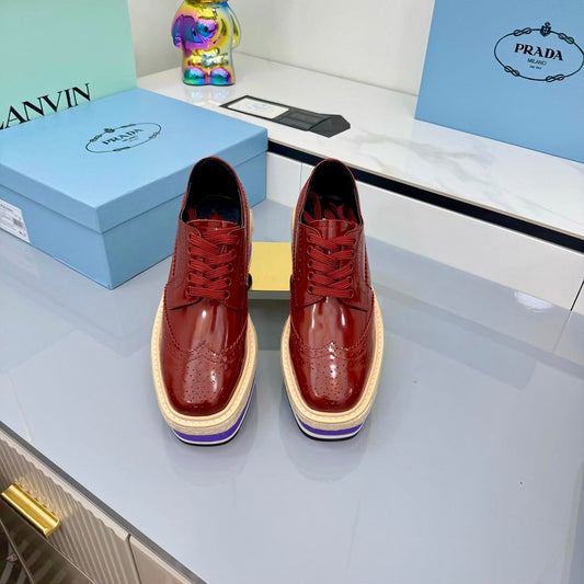 PRADA 25S ТУФЛІ НА ПЛАТФОРМІ-ТАНКЕТЦІ 60 ММ З ТЕЛЯЧОЇ ШКІРИ КОЛЬОРУ БОРДО - 35