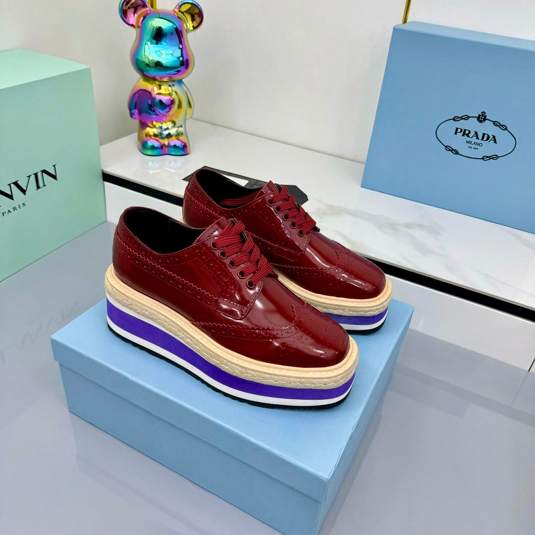 PRADA 25S FLAT WEDGE SHOES 60MM IN WINE RED CALFSKIN - 35