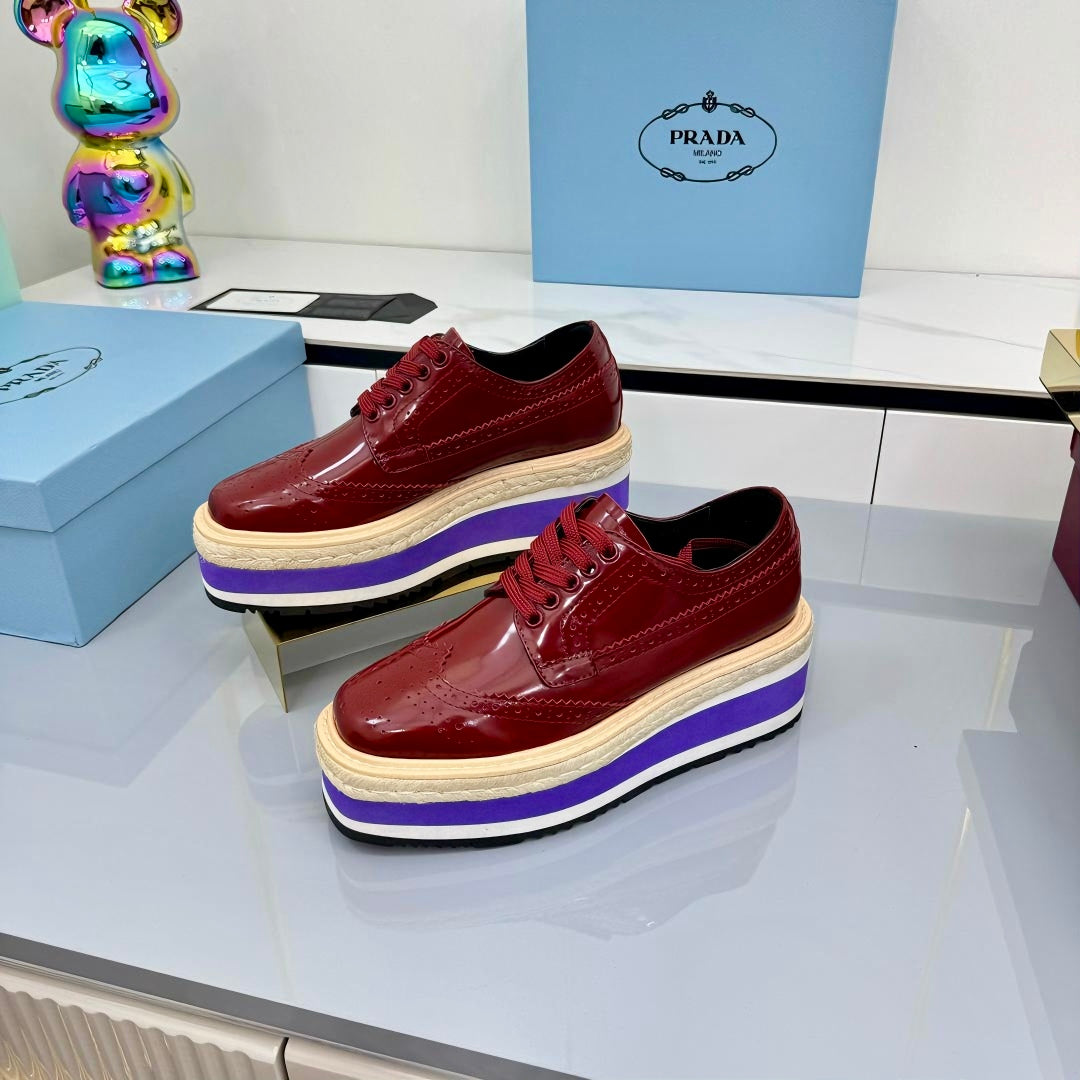 PRADA 25S FLAT WEDGE SHOES 60MM IN WINE RED CALFSKIN - 35