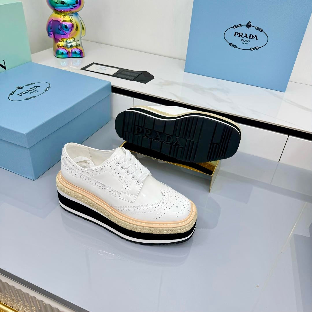 PRADA 25S FLAT WEDGE SHOES 60MM IN WHITE CALFSKIN - 35