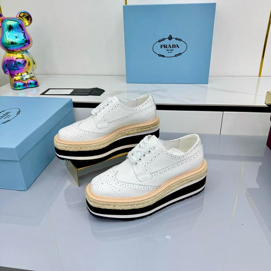 PRADA 25S FLAT WEDGE SHOES 60MM IN WHITE CALFSKIN - 35