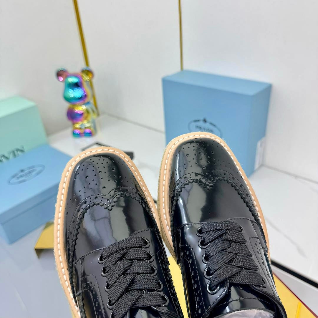 PRADA 25S FLAT WEDGE SHOES 60MM IN BLACK GLOSSY CALFSKIN - 35