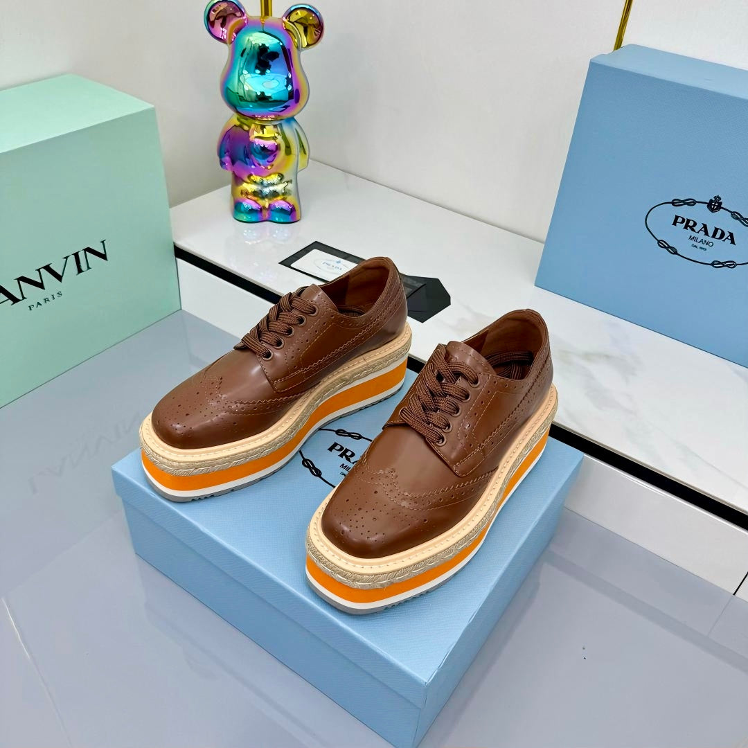 PRADA 25S FLAT WEDGE SHOES 60MM IN DARK BROWN CALFSKIN - 35