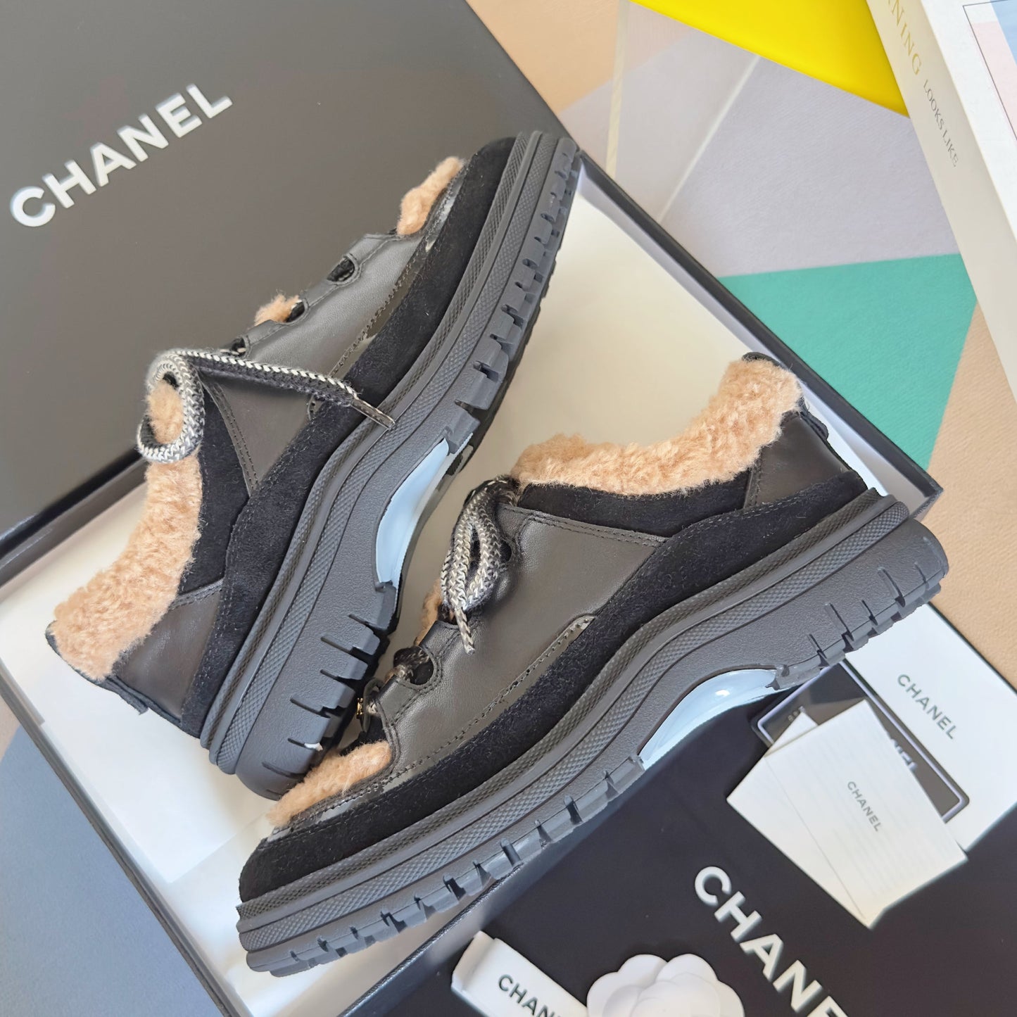CHANEL 25S SNEAKERS WITH FUR ACCENTS 40MM IN BLACK AND BROWN CALFSKIN - 35
