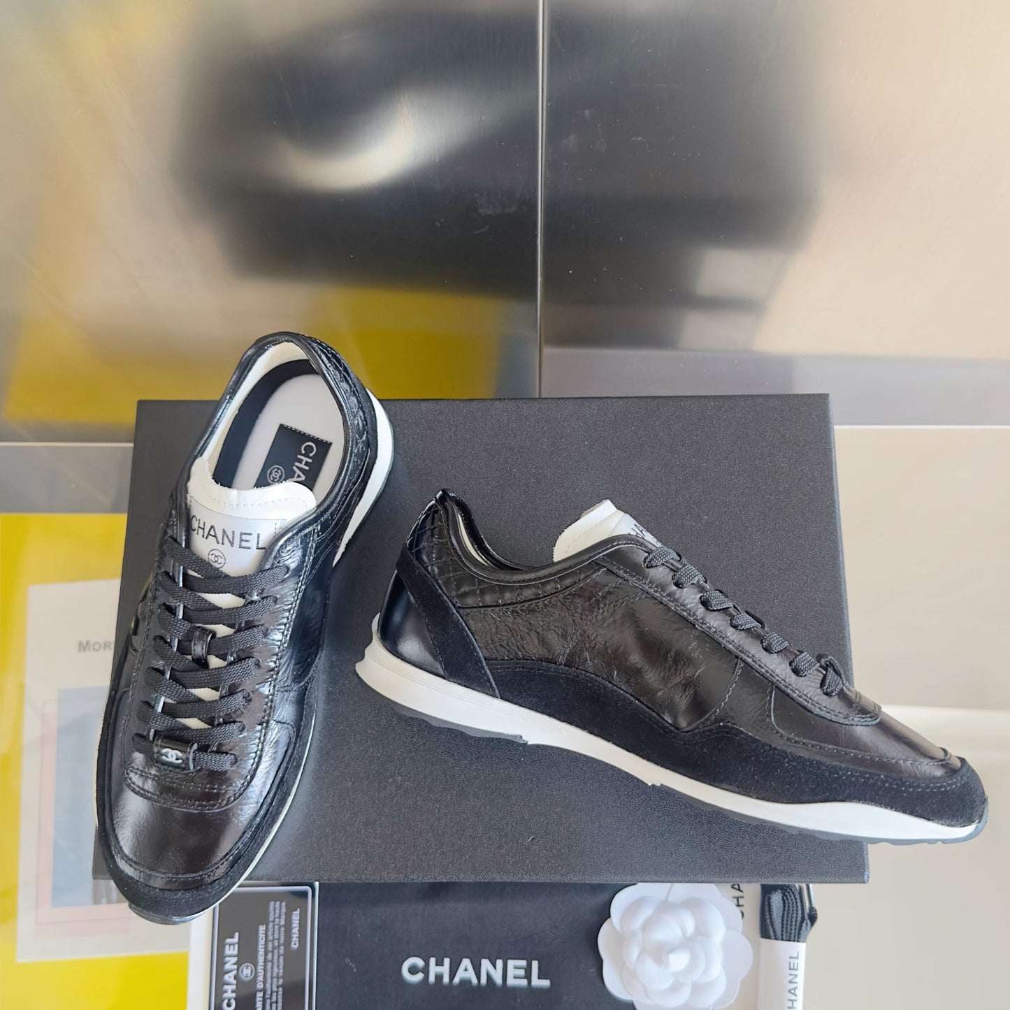 CHANEL 25S SNEAKERS 20MM IN BLACK GLOSSY CALFSKIN - 35