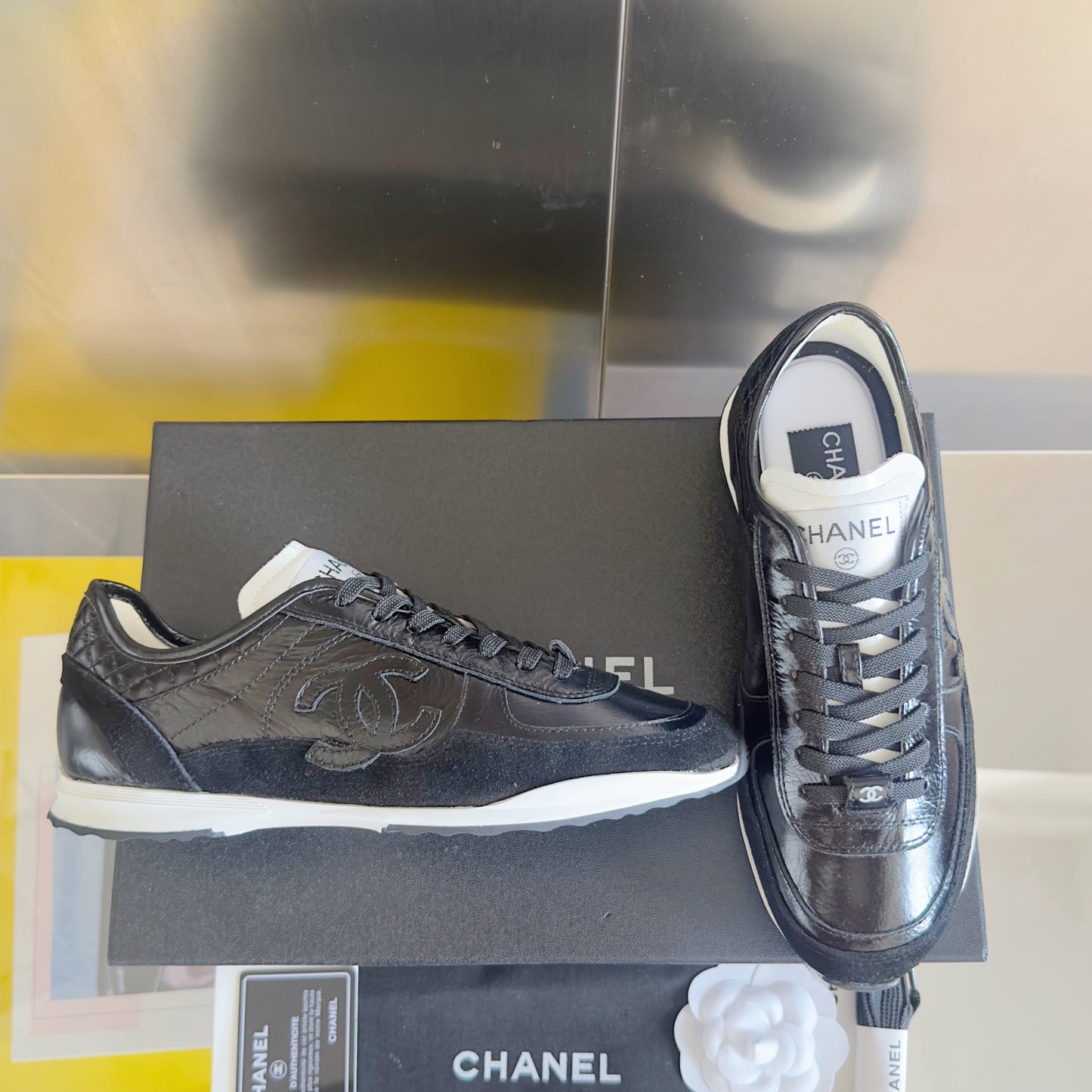 CHANEL 25S SNEAKERS 20MM IN BLACK GLOSSY CALFSKIN - 35