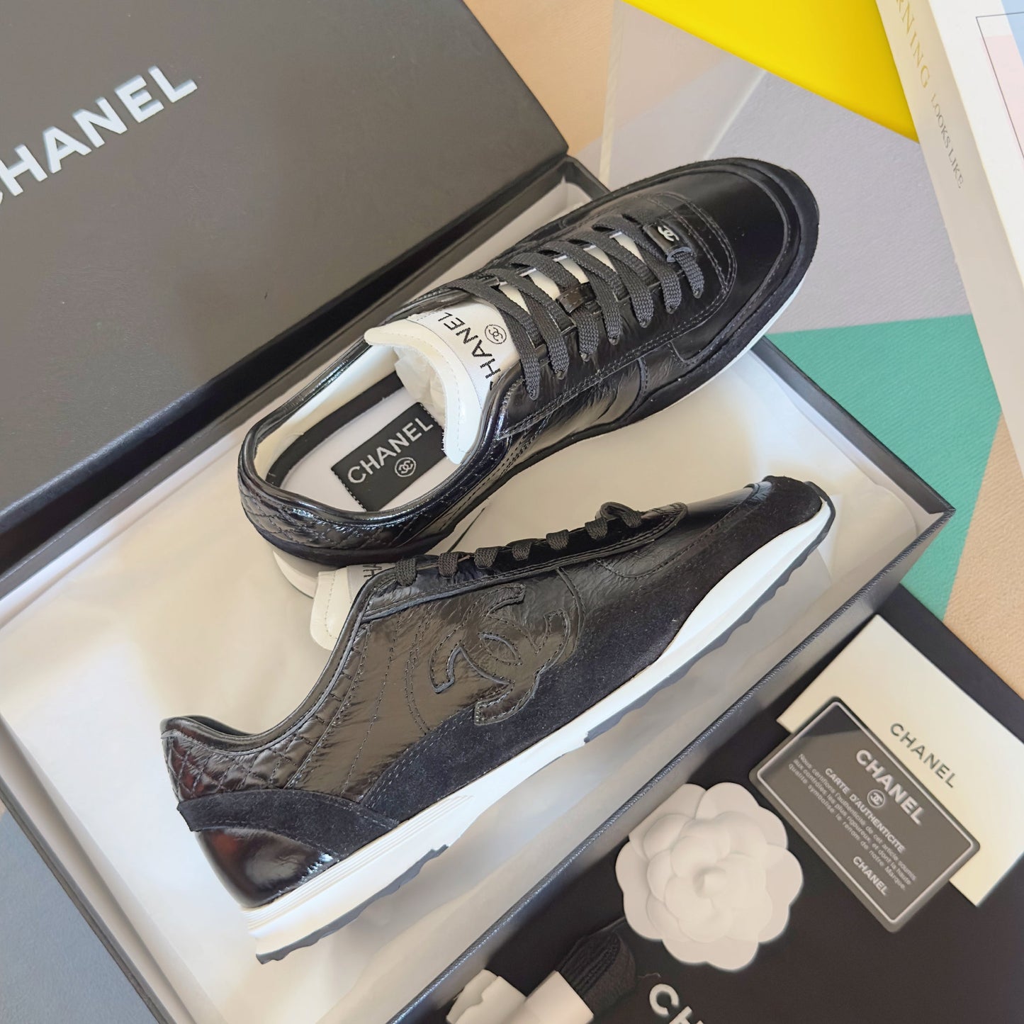 CHANEL 25S SNEAKERS 20MM IN BLACK GLOSSY CALFSKIN - 35