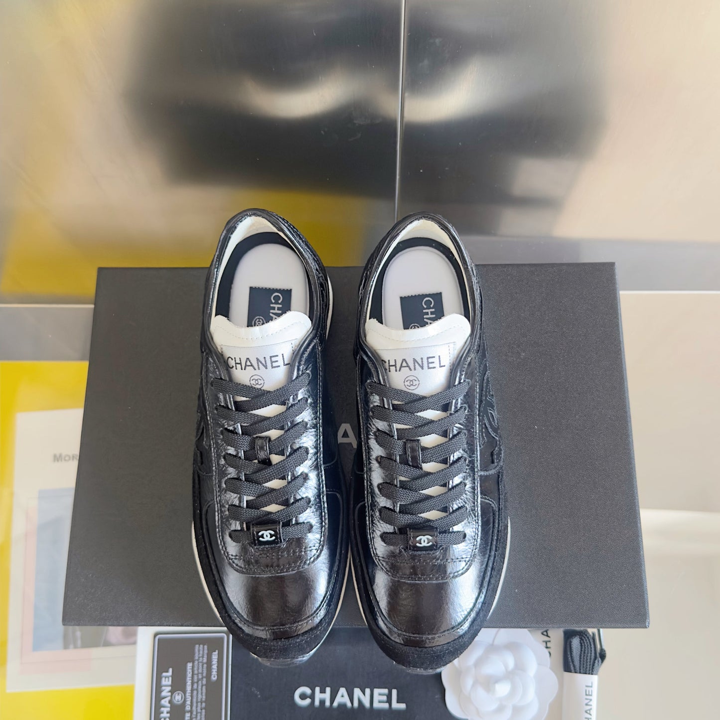 CHANEL 25S SNEAKERS 20MM IN BLACK GLOSSY CALFSKIN - 35