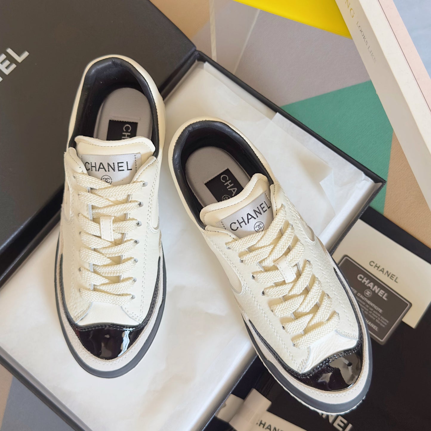 CHANEL 25S SNEAKERS WITH PATENT TOE 20MM IN WHITE CALFSKIN - 35