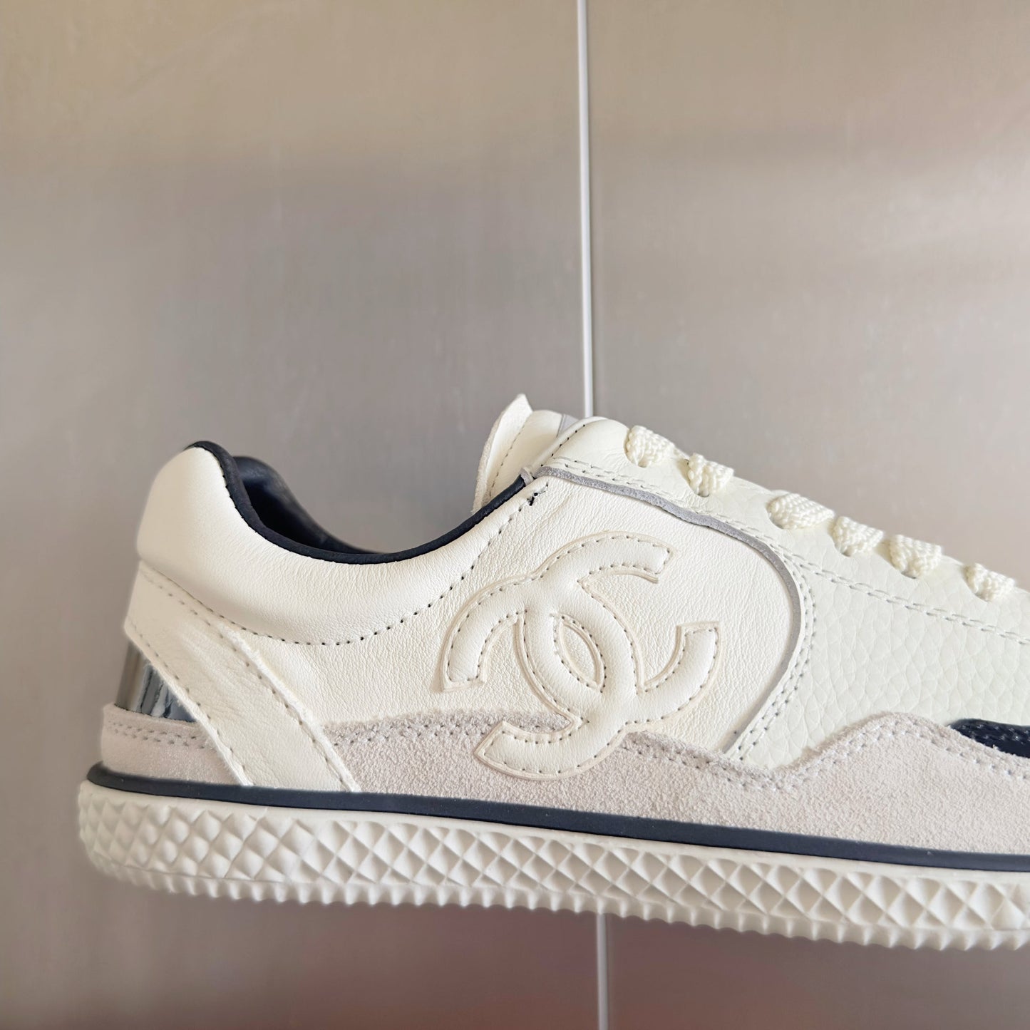 CHANEL 25S SNEAKERS WITH PATENT TOE 20MM IN WHITE CALFSKIN - 35